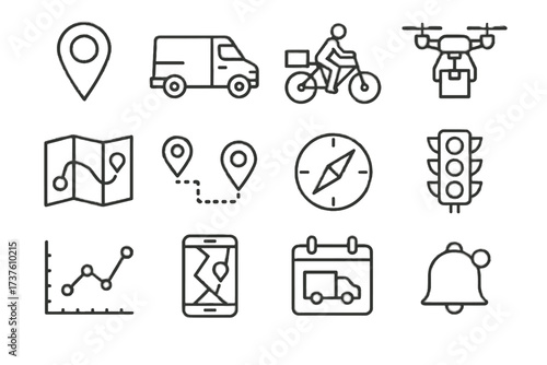 Signals compass cargo waypoint notification pin van logistics icon route vector icons