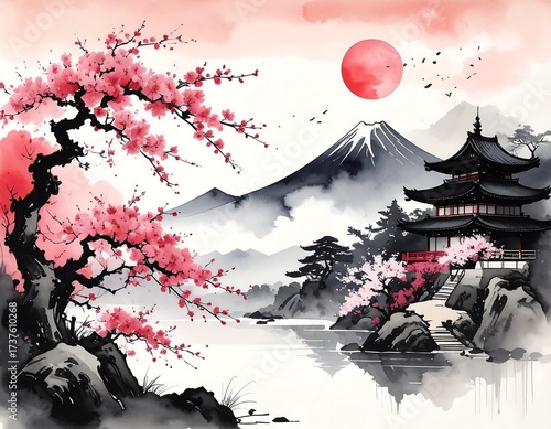 Japanese Cherry Blossom Mountain Landscape.