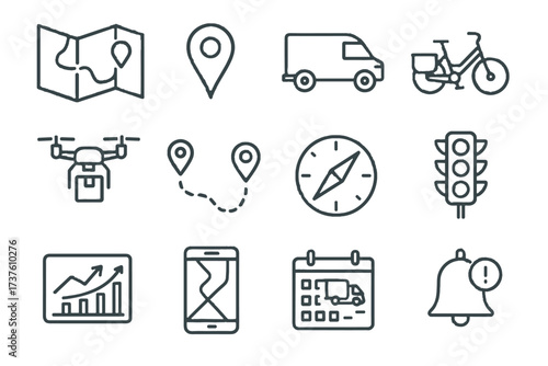 Vector lines waypoint navigation notification markers alert set calendar icon cargo van