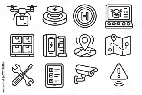 Inventory icon delivery swap route drones hub storage aerial signal smart maintenance