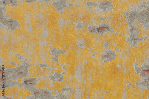Una parete è ricoperta da una vernice ruvida e scrostata, che rivela strati di grigio e rosso sottostanti. La tonalità gialla dominante è usurata e screpolata.