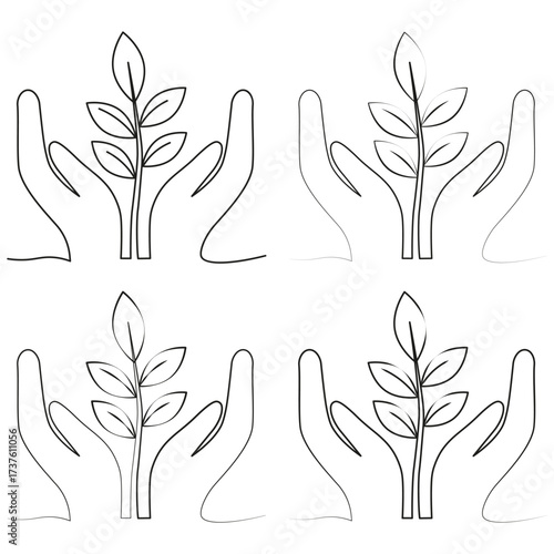 Line illustration depicts hands gently holding a small plant, representing nurturing and growth, emphasizing the bond between people and nature in a minimalist style