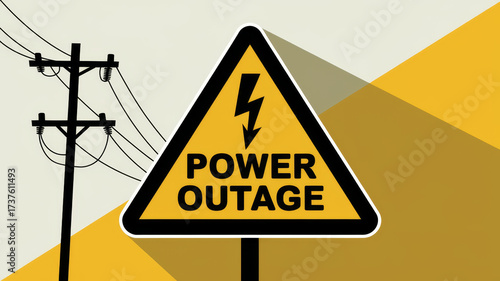 Warning sign for a power outage with a lightning bolt symbol and utility pole.