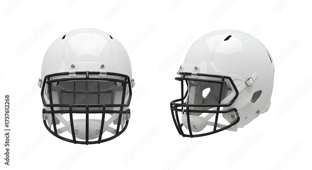 Fototapeta premium White American football helmet with black faceguard, front and side view, isolated on white background, perfect for sports and safety equipment themes