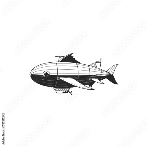 Steampunk Fish Blimp Airship Illustration.