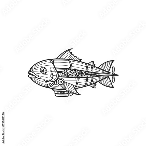 Steampunk Mechanical Fish Illustration.