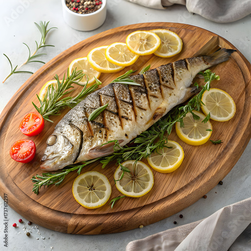 seafood dish with grilled fish lemon slices and
