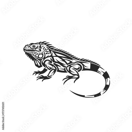 Stylized Black and White Iguana Illustration.