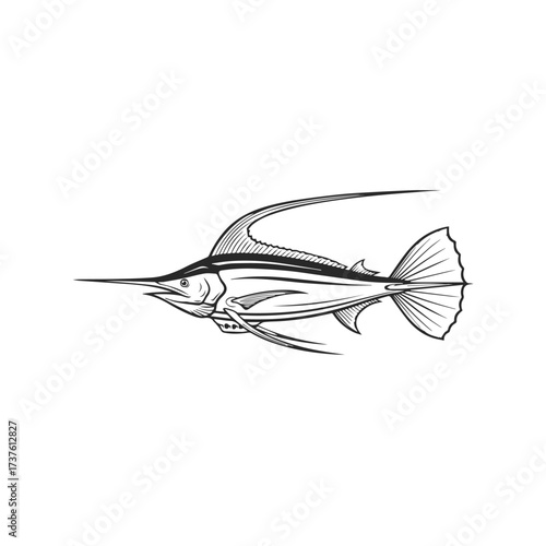 Stylized Black and White Marlin Illustration.