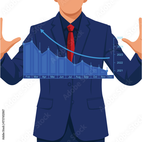 A businessman manipulates a blue annual bar chart showing market performance, isolated on a white background.