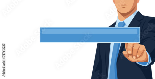 A businessman is pressing a blank horizontal blue virtual bar screen.. isolated on a white background.