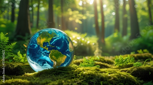 a crystal-clear glass globe resting on a bed of moss in a lush forest