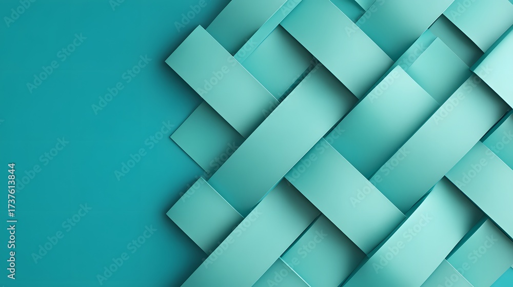 Naklejka premium Abstract composition features interwoven rectangular shapes in shades of teal, turquoise, and aqua, creating a textured, three-dimensional effect.