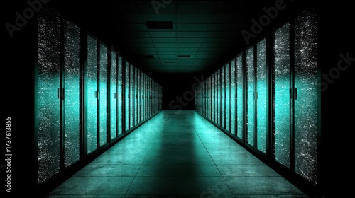 Illuminated Server Hallway with Rows of Data Center Equipment