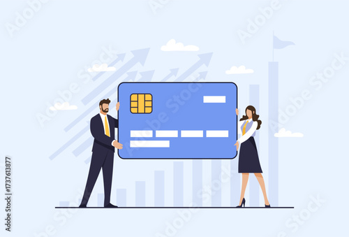 Businessman and businesswoman holding giant credit card with chip on blue background. Flat vector illustration with financial growth arrows. Banking and finance concept. Design for poster, banner