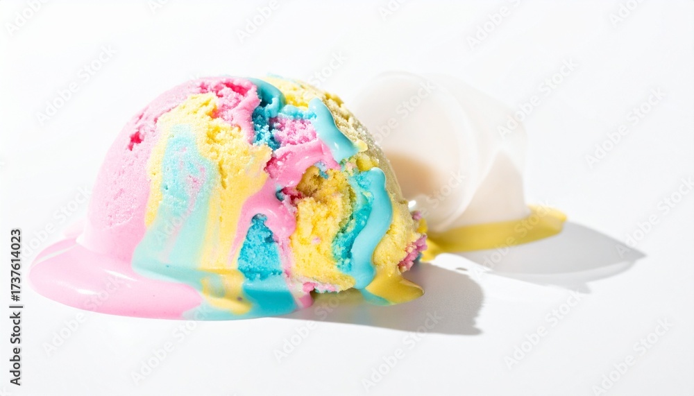 Fototapeta premium Colorful ice cream scoop melting on a white surface, close-up.