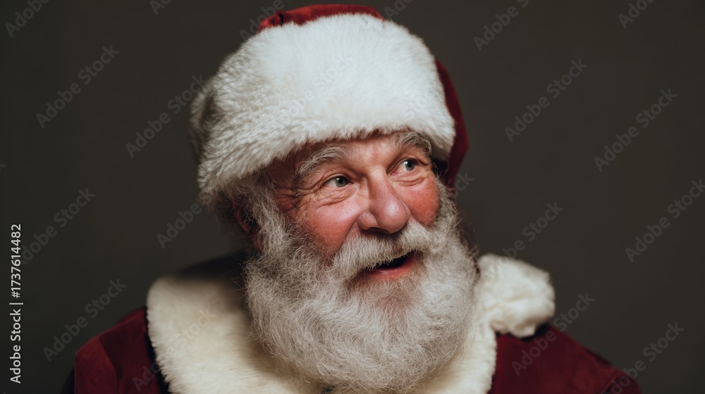 Obraz premium Elderly caucasian male in santa costume with white beard and red hat smiling