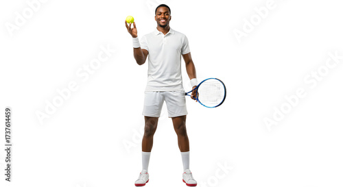 Young male tennis player in white outfit holding ball and racket isolated on black background, perfect for sports and fitness projects