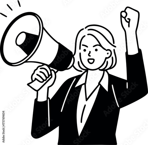 Woman in Suit with Megaphone Cheering and Making an Announcement