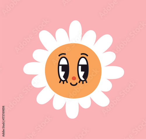 Daisy flower with flirting face expression. Cute funny emoji character, playful flirty emotion, looking aside with dreamy eyes. Adorable camomile head with petals. Flat vector illustration