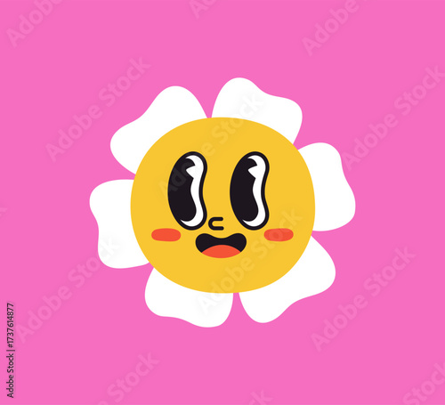 Daisy flower with excited happy face expression. Groovy floral emoji character with joyful surprised emotion, smiling eyes, cheerful camomile in sunny summer mood. Positive flat vector illustration