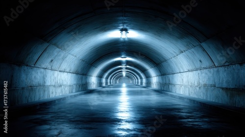 Inside a Dark Concrete Tunnel with Bright Glowing Lights