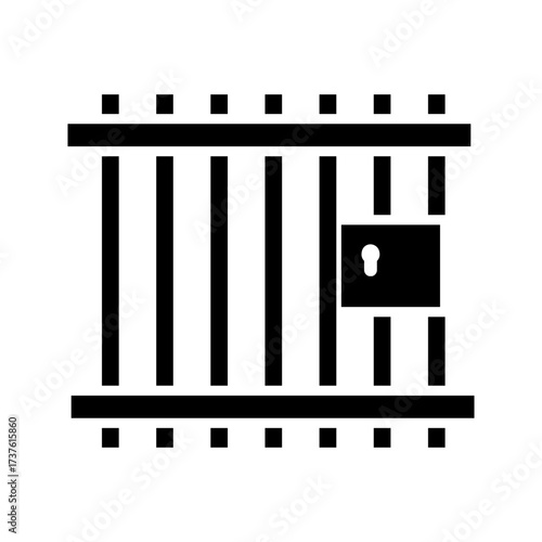 Prison or jail silhouette symbol. Metal cage with bars and lock. Crime justice or punishment icon. Vector black shape isolated on white background.

