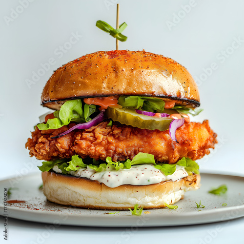 Spicy Fried Chicken Sandwich with Lettuce, Pickles, and Creamy Sauce