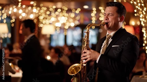 A man in a suit plays a saxophone as the man stands in a dimly lit restaurant. The man is surrounded by patrons enjoying the restaurant ambiance and atmosphere.
