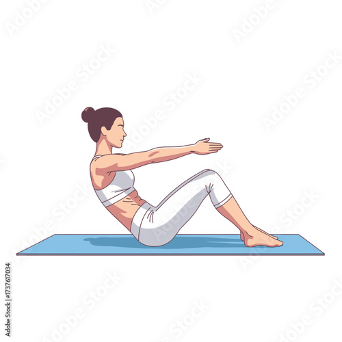 Woman in Yoga Pose on Mat Core Strengthening Exercise Illustration.