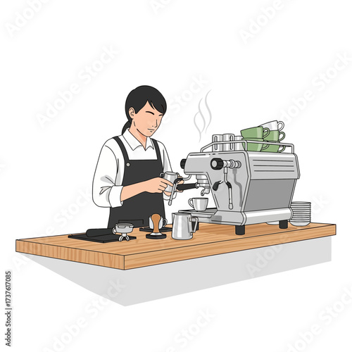 Barista Preparing Espresso with Machine Wearing Apron on Wooden Counter.