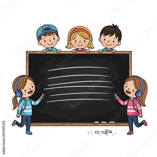 Children around a chalkboard two writing with chalk wearing headphones smiling.