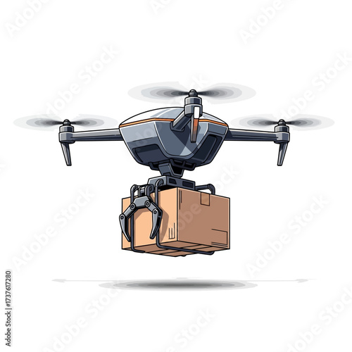 Delivery Drone Carrying a Cardboard Box with Robotic Arm Grips.