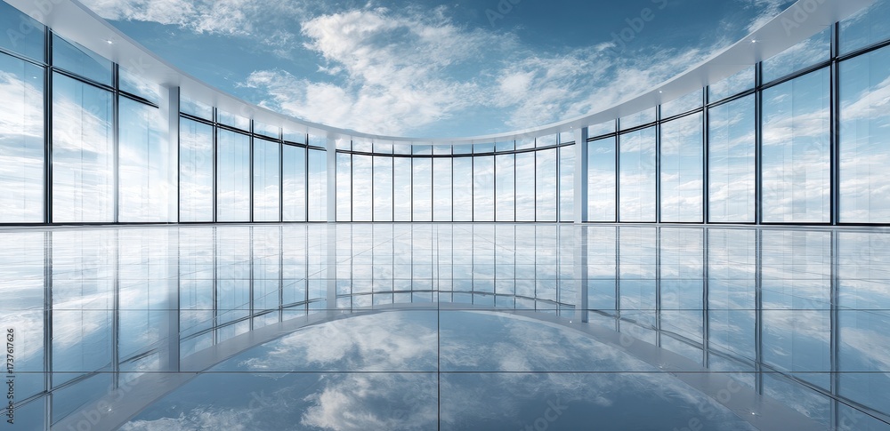 Fototapeta premium Expansive modern building interior with curved glass walls and bright reflective floor.