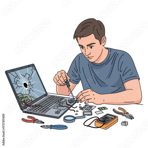Man repairing a broken laptop with shattered screen and tools on the table.