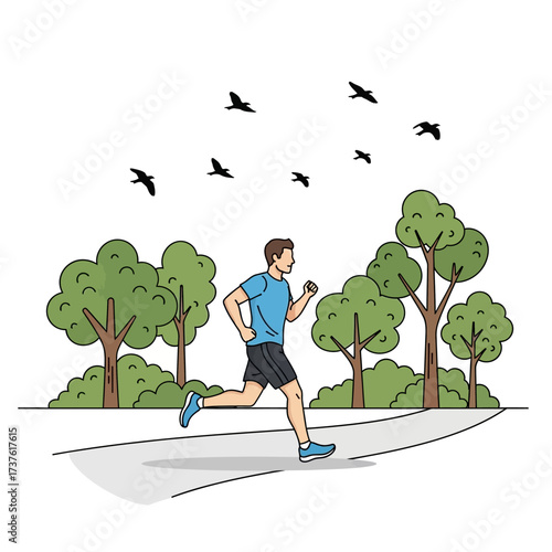 Man Running on Path Wearing Blue Shirt and Black Shorts Birds Flying Above.