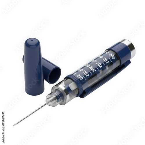 Insulin pen injector with needle and cap, isolated on transparent background