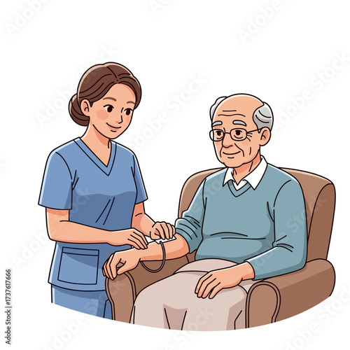 Nurse assisting elderly man in armchair wearing glasses and sweater with gentle care.
