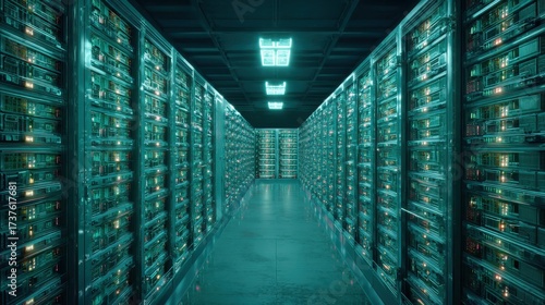 Interior view of servers in a data center with rows of racks