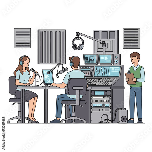 Radio studio scene with two hosts and a technician broadcasting equipment.