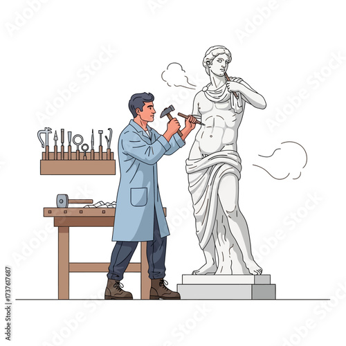 Sculptor chiseling a marble statue with hammer and chisel in a workshop.