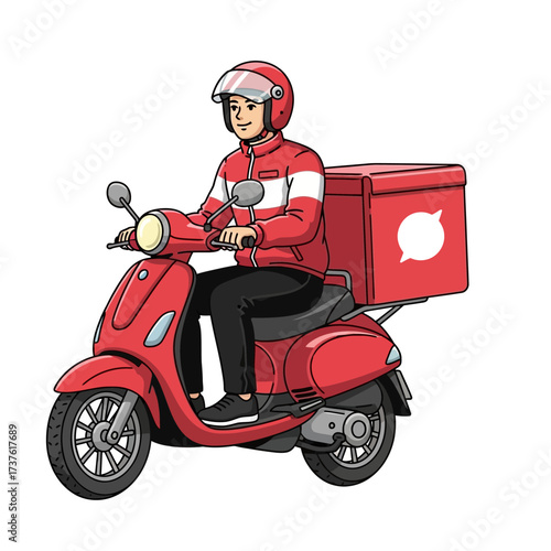 Red Scooter Delivery Cartoon Courier with Helmet and Box Ready to Ride.