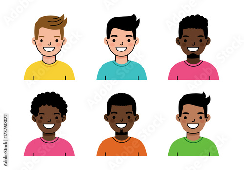 Diverse Cartoon Men Smiling Faces Various Skin Tones Casual Attire Simple Style.