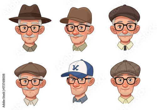 Cartoon Elderly Man Faces with Various Hats and Glasses Expressive Style.
