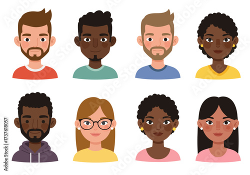 Diverse Cartoon People Collection of Smiling Faces with Varied Skin Tones and Hairstyles.