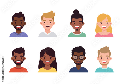 Diverse Cartoon People Smiling Faces Various Ethnicities and Hairstyles Vector Portraits.