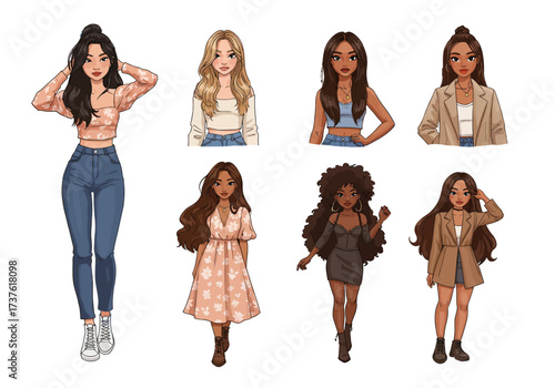 Diverse Cartoon Women Fashionable Characters with Various Hairstyles and Outfits.