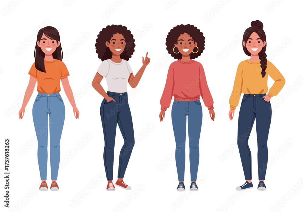 Fototapeta premium Diverse Group of Young Women Standing Together Smiling Wearing Casual Clothes.