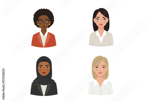 Diverse Group of Professional Women Cartoon Style Portraits with Varied Ethnicities.