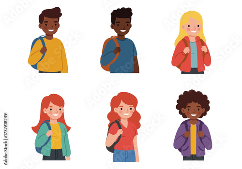 Diverse Group of Smiling Students with Backpacks Cartoon Style.